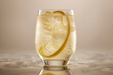 Clear iced yuzu soda shimmers as bubbles rise around a floating citrus peel