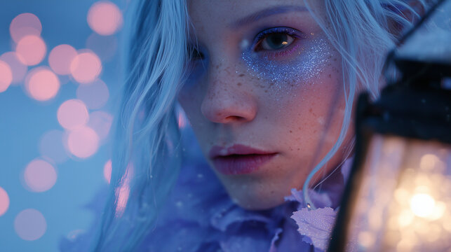 Glowing fantasy beauty portrait of ethereal albino woman with freckles and shimmering skin, neon pink and blue bokeh lights, dreamy cinematic close up for fashion editorial, posters, branding