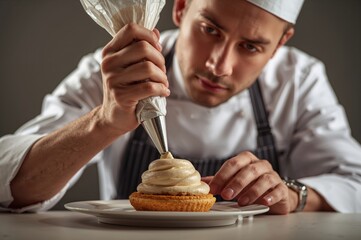 Pastry chef piping cream onto dessert with precise hands in studio light