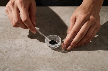 Caviar service preparation with mother of pearl spoon on chilled stone surface closeup
