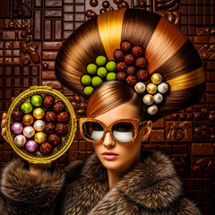 Gourmet model with chocolate-gold-rose gold hair fanned with luxury truffles