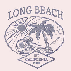Hand Drawn summer graphic tee art. Long Beach California 1980 typography. vintage t-shirt design. tropical beach island, big waves draw.