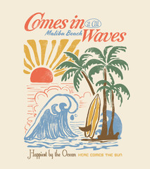 Summer hand drawing graphics. surf club, surfing beach artwork. sunset summer print. Miami beach.