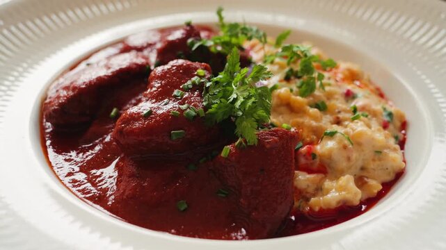 Traditional Hungarian goulash with tarhonya garnished with a sprig of parsley. High quality 4k footage