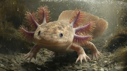 Axolotl underwater with frilly gills and detailed skin texture aquatic life