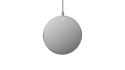 Sleek silver circular wireless charging pad with a small glowing indicator light connected by a thin white cable on transparent background