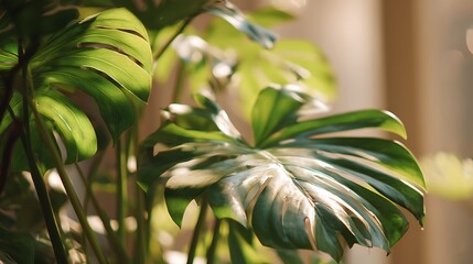 Close-up of large, vibrant green tropical plant leaves catching sunlight, creating a warm, airy aesthetic