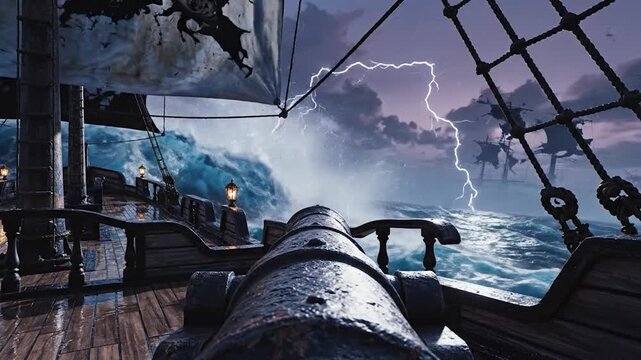 Deck view of a cannon on a ship facing colossal ocean waves, lightning, and rival vessels