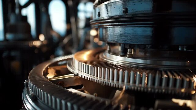 Medium shot capturing the rotation gear of a lighthouses light focusing on the intricate machinery that enables 360degree navigation aid.