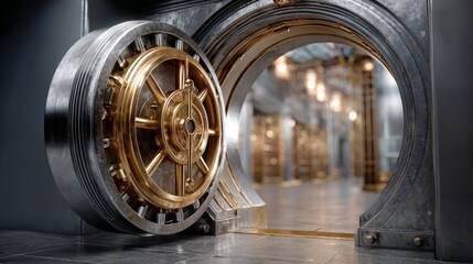 Large metallic vault door, partially open, revealing a spacious interior filled with rows of secure storage, showcasing a blend of industrial design and security features in a modern bank environment