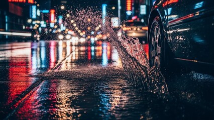 Ultra-realistic close-up of a city street at night just after rain, car tires cutting through shallow puddles, water splashing frozen in mid-air, reflections of neon lights, cinematic lighting