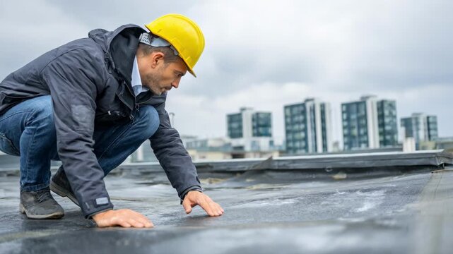 Medium shot of a professional inspecting a flat roofs waterproof membrane assessing durability against weather damage in an urban setting