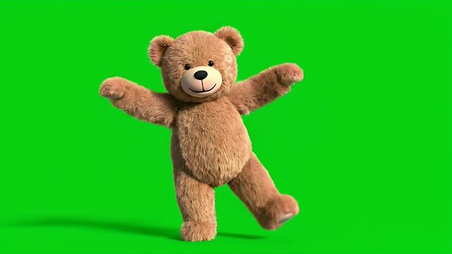 Fluffy brown teddy bear dancing happily on a bright green screen