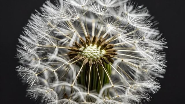 Close-up of a white dandelion clock, delicate feathery pappus radiating from its brown core