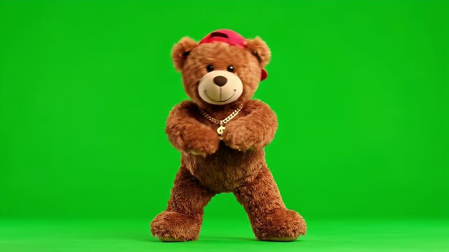 Hip hop style teddy bear dancing with gold chain on green screen