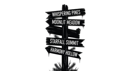 A weathered wooden signpost displays directions to mystical locations © farhan