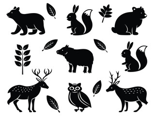 Forest Animals Silhouette With Leaves And Branches bear squirrel