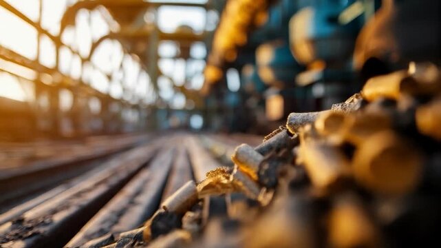 Wooden logs, neatly stacked in the warehouse, emphasise the environmental friendliness of using biofuel and will serve as a backdrop for articles on renewable resources.
