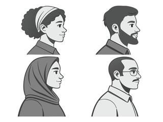 Four Diverse People Profile Portraits in Gray Tones diversity silhouette