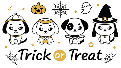 Fototapeta premium Four Cute Dogs in Halloween Costumes with Trick or Treat Text puppy pumpkin