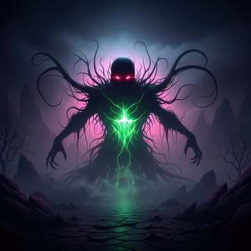 A horrifying ghostly entity shrouded in darkness and thick mist looms ominously in a desolate setting, signifying ancient, terrifying evil, desolate, bizarre, manifestation