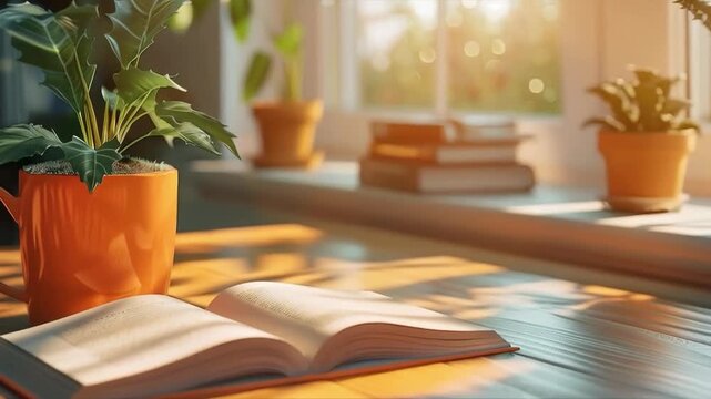 An open book on a wooden table next to a plant and a cup fills the space with cosiness and inspiration &mdash; a universal backdrop for educational platforms or posts about self-development.
