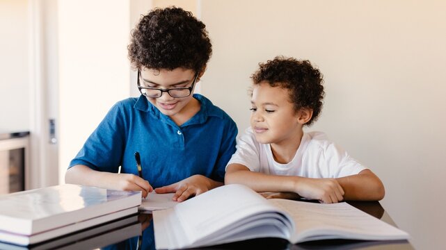 Two children studying together at home. Brothers help each other doing homework. Homeschooling and learning concept. Two boys studying and doing homework on the table together. Brother doing homework