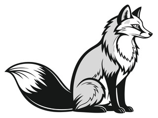 Gray and black illustration of a sitting fox with a bushy tail animal wildlife