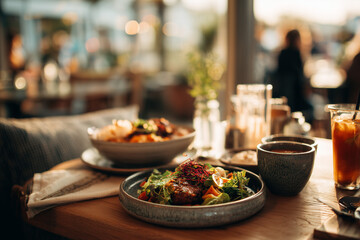 Fototapeta premium Delightful restaurant meal with assorted dishes and refreshments