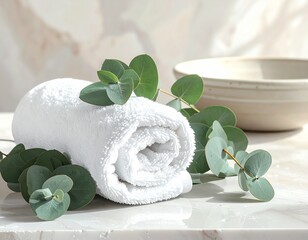 Rolled white towel and a ceramic bowl