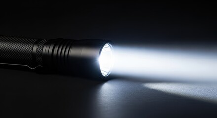 High contrast image showing a black tactical flashlight emitting a strong, concentrated beam of bright white light across deep darkness, background, emergency, security