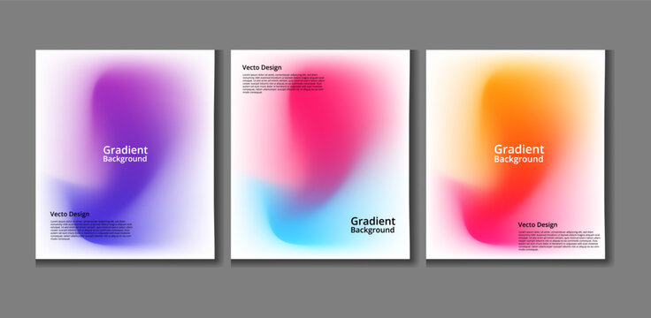 Set of three modern abstract gradient backgrounds with vibrant mesh blurs. Colorful purple, blue, pink, and orange flowing shapes on white for creative poster design, branding, and web banners.