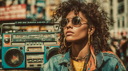 Joyful moments of an African American woman with music on a lively street