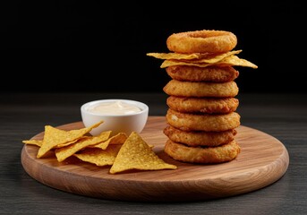 Stack of crispy fried onion rings and crunchy tortilla chips served with a creamy savory dipping sauce on a wooden board, preparation, comfort food, platter