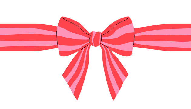 Cute pink bow. Retro flat cartoon illustration. Stripped ribbon decoration for greeting card or banner.