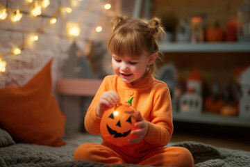 Fototapeta premium Joyful child playing with Halloween pumpkin in cozy indoor setting