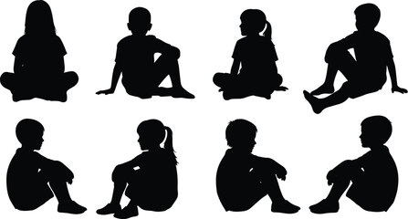 Set of eight black silhouettes of children sitting and relaxing in various poses, including cross-legged and upright positions on white, © Kaziul