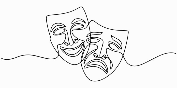 World theater day banner design, with character mask sketch, continuous one line drawing, vector illustration. one line Icon drawing, Greek mask continuous one line drawing, opera event symbols
