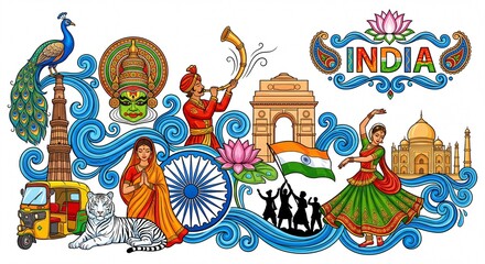 India Culture and Travel Concept - Illustration of Famous Landmarks, Dance and National Symbols
