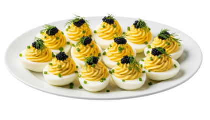 Plate of deviled eggs decorated with caviar and herbs, isolated on transparent background, festive presentation