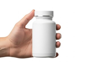 Hand holding a white supplement bottle against a white background