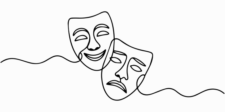 World theater day banner design, with character mask sketch, continuous one line drawing, vector illustration. one line Icon drawing, Greek mask continuous one line drawing, opera event symbols