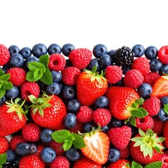 A vibrant pile of fresh, juicy strawberries and assorted berries, including blueberries and raspberries, glistening with dew in natural light.