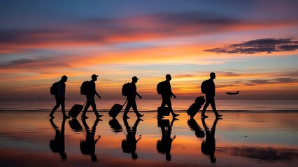 Silhouettes of travelers with luggage walking on a beach at sunset or sunrise with vibrant sky colors and reflections on the wet sand, airplane in the distance