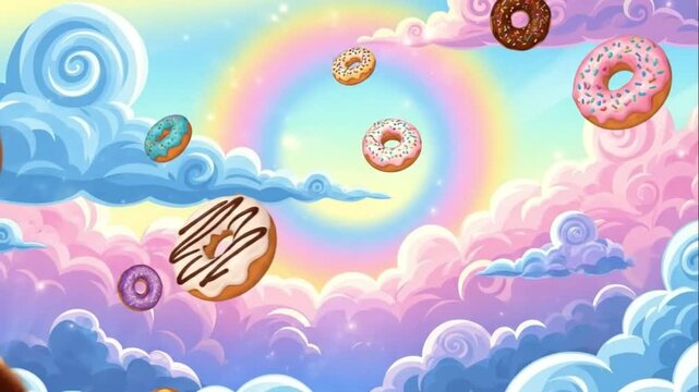Floating Donuts in a Pastel Sky Dreamlike Cartoon Background