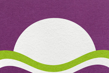 Violet textured paper background with white circle for copy space and green waves for banner, presentation