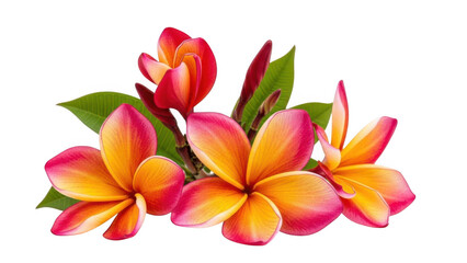 Fototapeta premium Tropical plumeria flowers in pink and yellow with green leaves isolated on transparent background