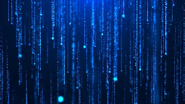 Blue binary code rain on dark background digital technology concept.