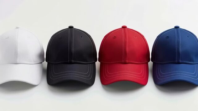 Four stylish caps in different colours are neatly arranged in a row, which would be perfect for the main background of an online accessories shop.
