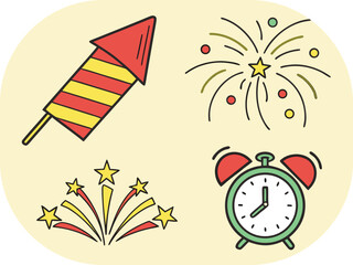 New Year Celebration Icons Firecracker Fireworks and Alarm Clock on Yellow Background party rocket